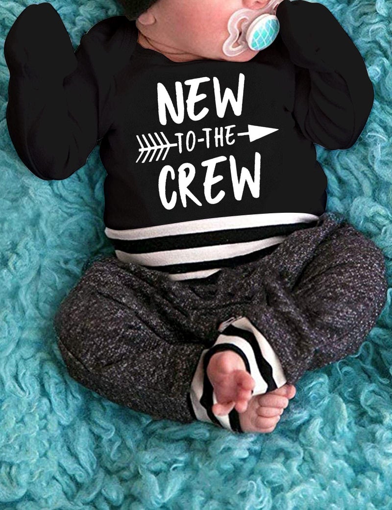 Fommy Baby Boy Clothes 3-6 Months Baby New to The Crew Outfits Set Letter Print Black Romper+Pants+Hat 3PCS Little Man Infant Baby Boy Outfits Set - Image 3